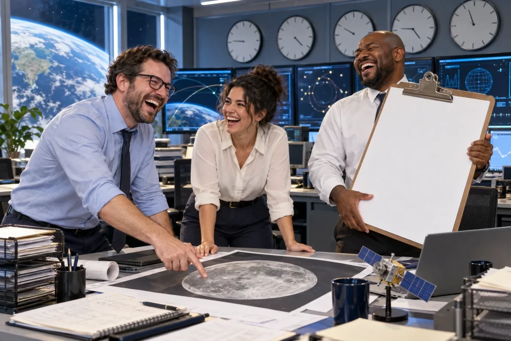 Three fictional adult space administrators laugh around a mission control desk while one holds a blank oversized clipboard.