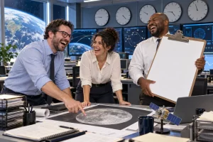 Three fictional adult space administrators laugh around a mission control desk while one holds a blank oversized clipboard.