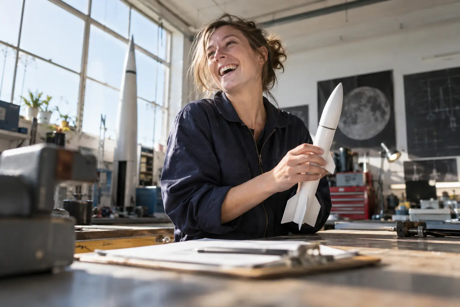 Original editorial photograph of a laughing space engineer with a rocket model and clipboard for Space Clusters Infrastructure Fund