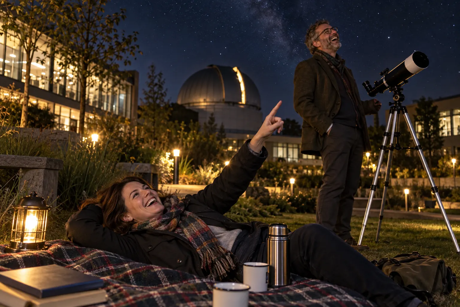 Two laughing advisers at fictional Space Industry Advisory Group terms 2026 observatory garden