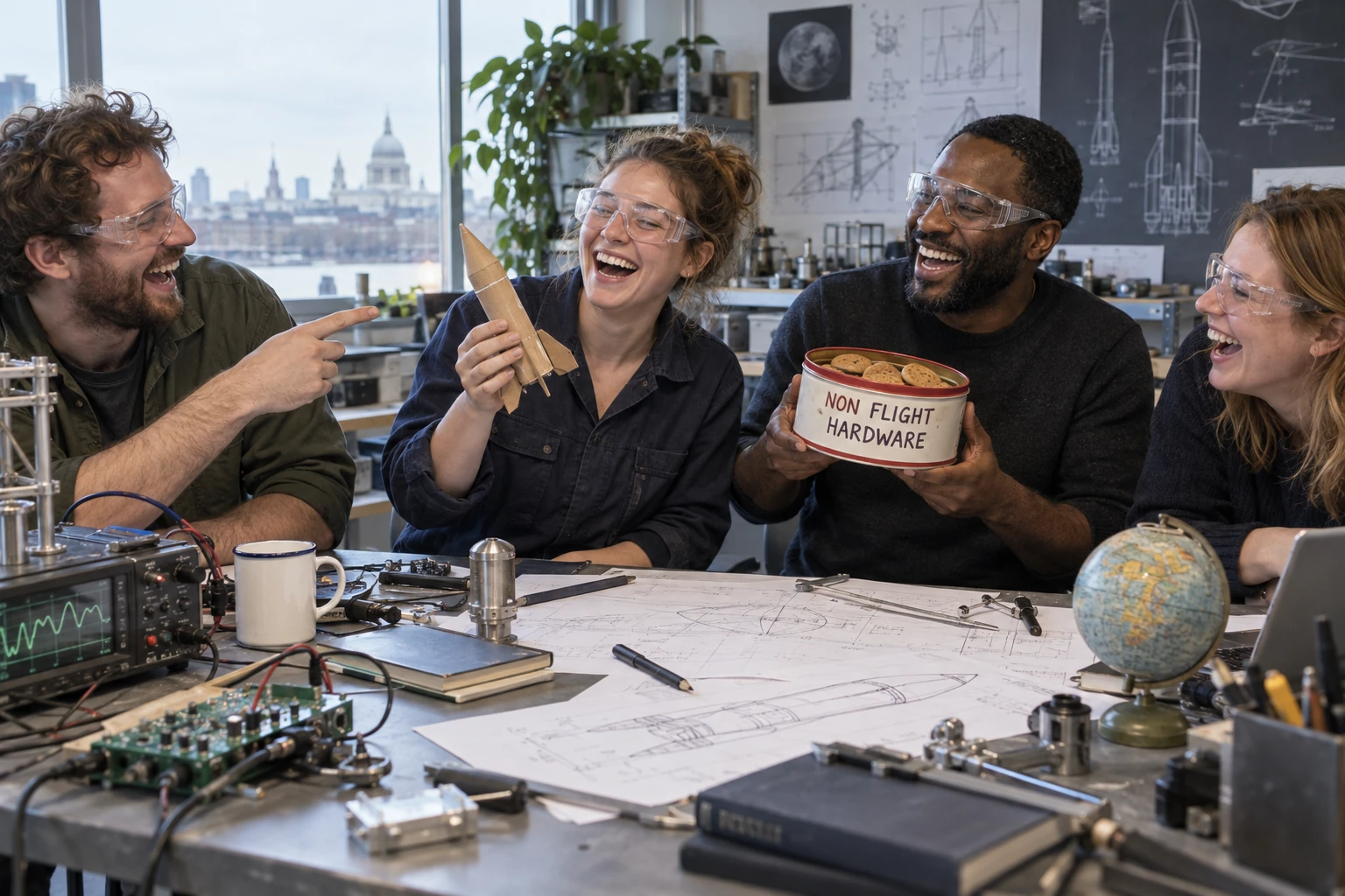 Four fictional adult space startup founders clearly laugh around a laboratory table beside a cardboard rocket and a biscuit tin marked non flight hardware.