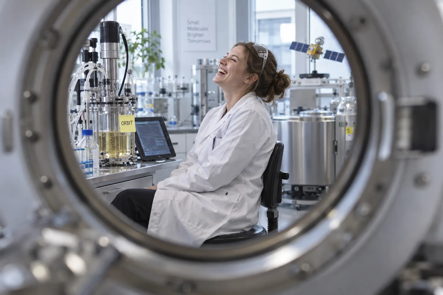 A laughing pharmaceutical scientist sits beside a laboratory bioreactor, seen through the circular opening of a large scientific instrument.