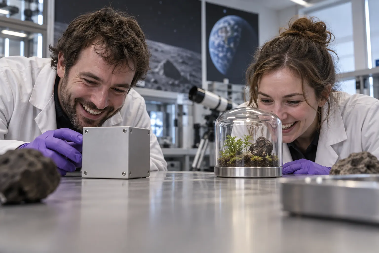 Two laughing researchers for space worms Petri Pod
