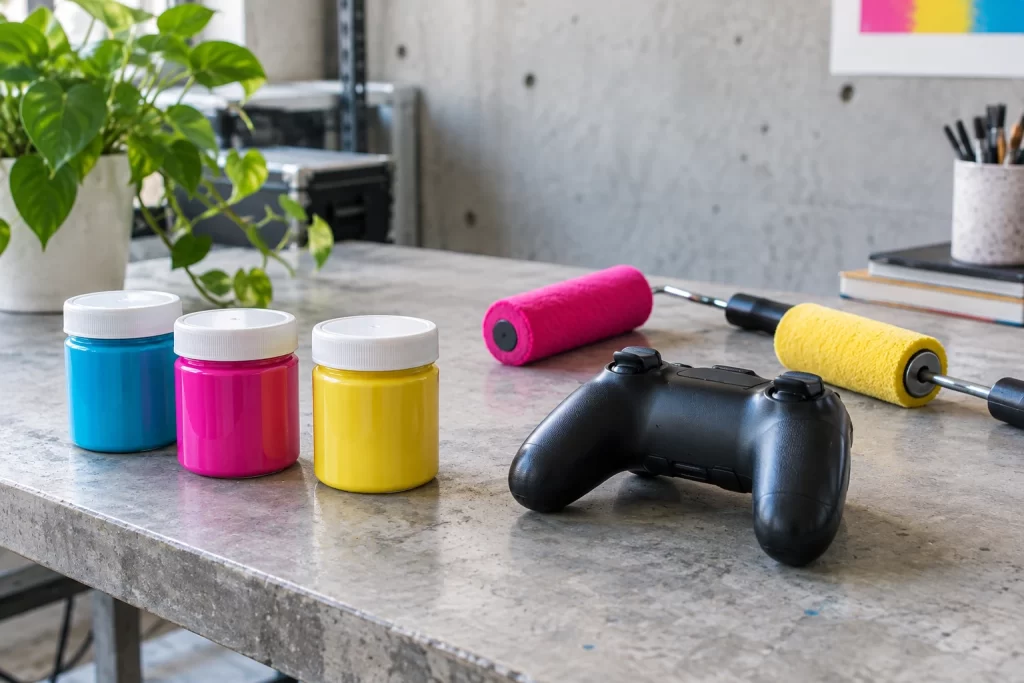 Bright paint pots, clean rollers and a plain black controller sit on a concrete studio workbench.