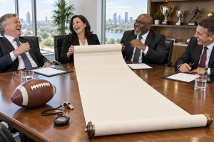 Four fictional adult sports administrators clearly laugh around a boardroom table as an enormous blank meeting minute scroll unrolls like a finish line.