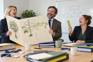 Three laughing fictional sports administrators hold an oversized farewell strategy card and a relay baton beside folders and lanyards.