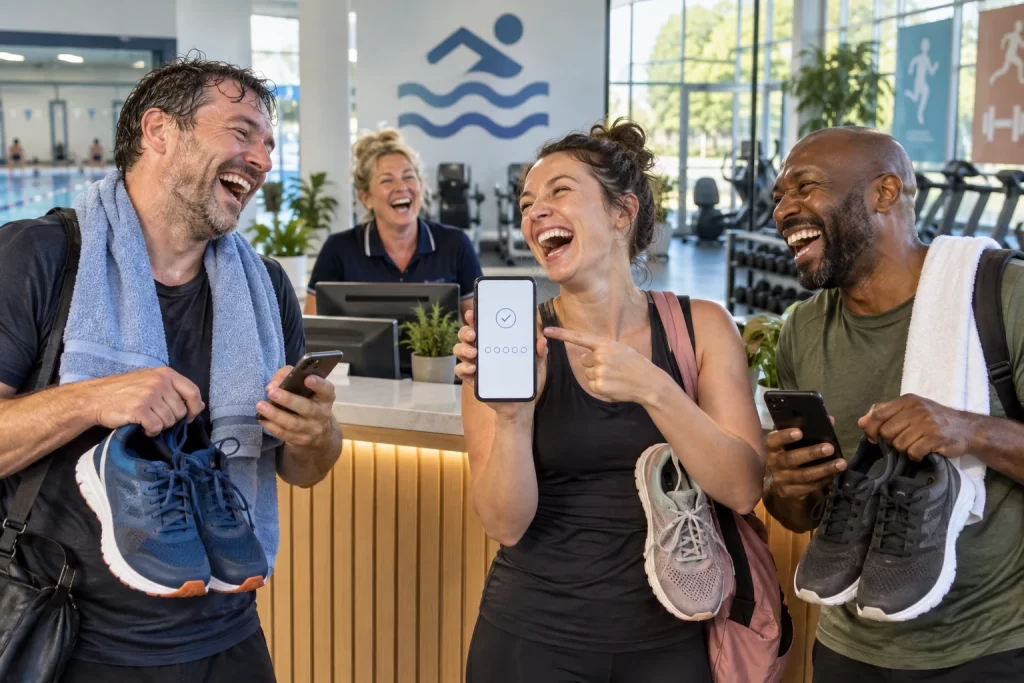 Three fictional adults clearly laugh at a leisure centre reception while one holds a smartphone beside their trainers and a receptionist laughs behind the desk.