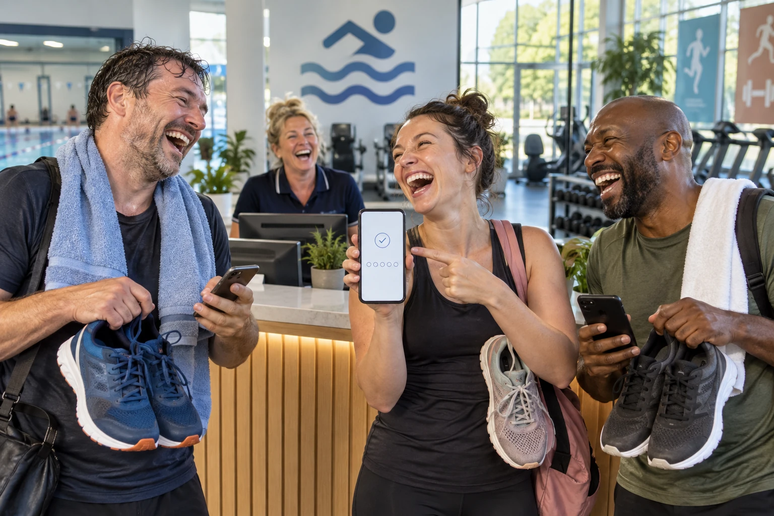 Three fictional adults clearly laugh at a leisure centre reception while one holds a smartphone beside their trainers and a receptionist laughs behind the desk.