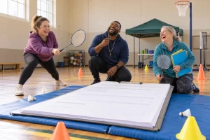 Three fictional adult community sports volunteers laugh around a giant blank grant form in a sports hall.