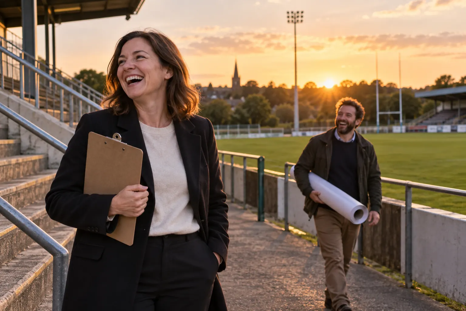 Two laughing organisers at fictional Sporting Events Bill impact opinion 2026 sports ground