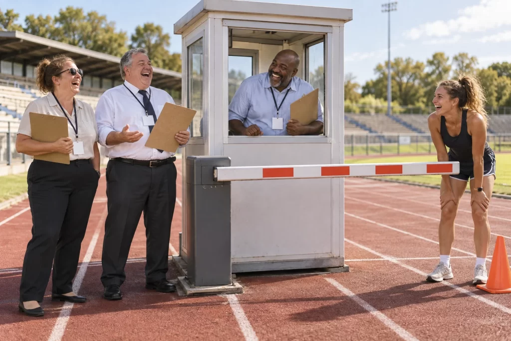 Four laughing fictional adults at a toll booth on an athletics track