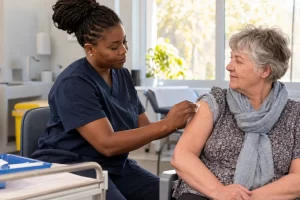 An adult clinician prepares a spring vaccination for an older adult patient in a bright community clinic.