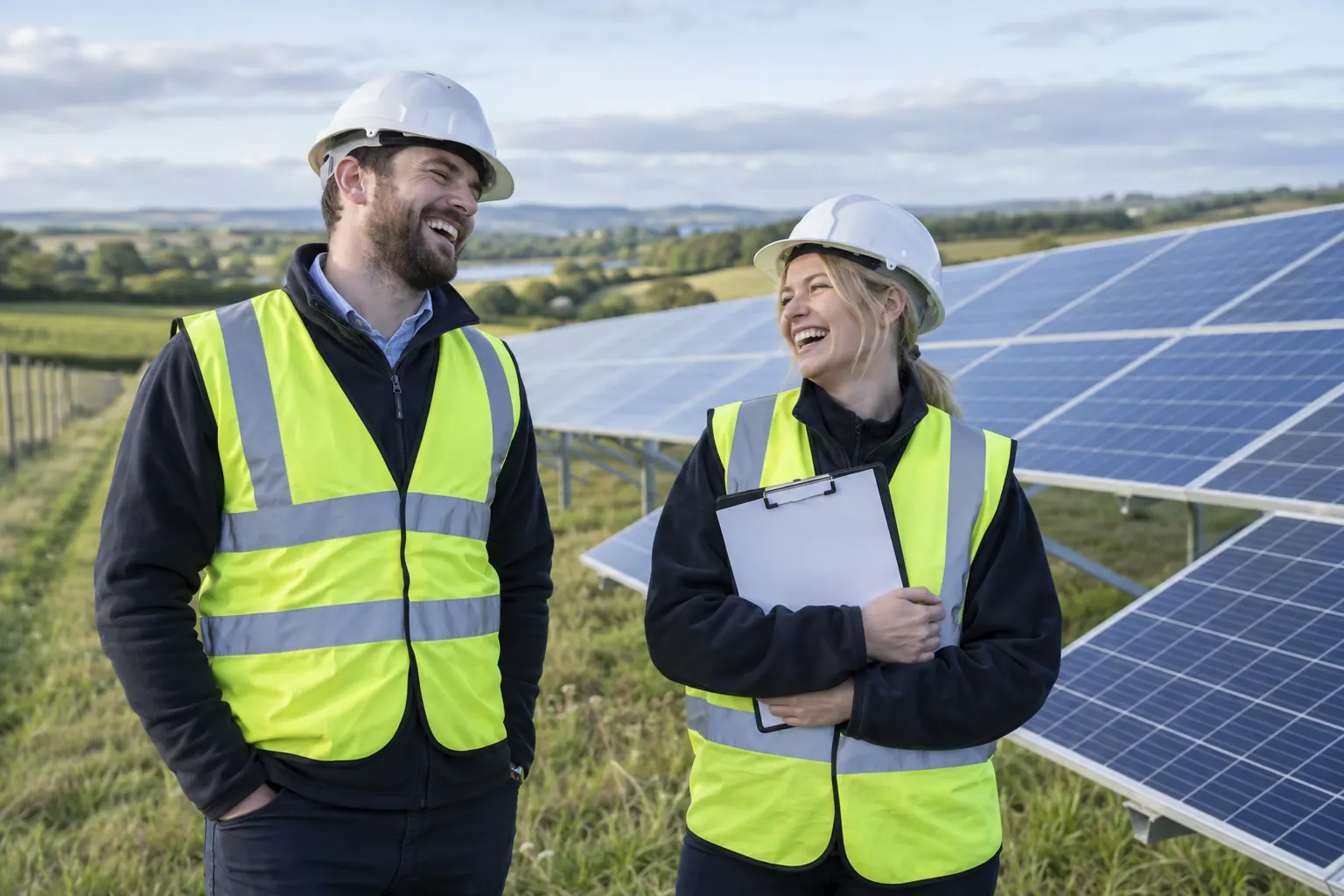 Two laughing engineers for Springwell Solar Farm approved