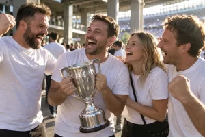 Football supporters in plain white shirts laugh together around a silver cup in a stadium concourse.