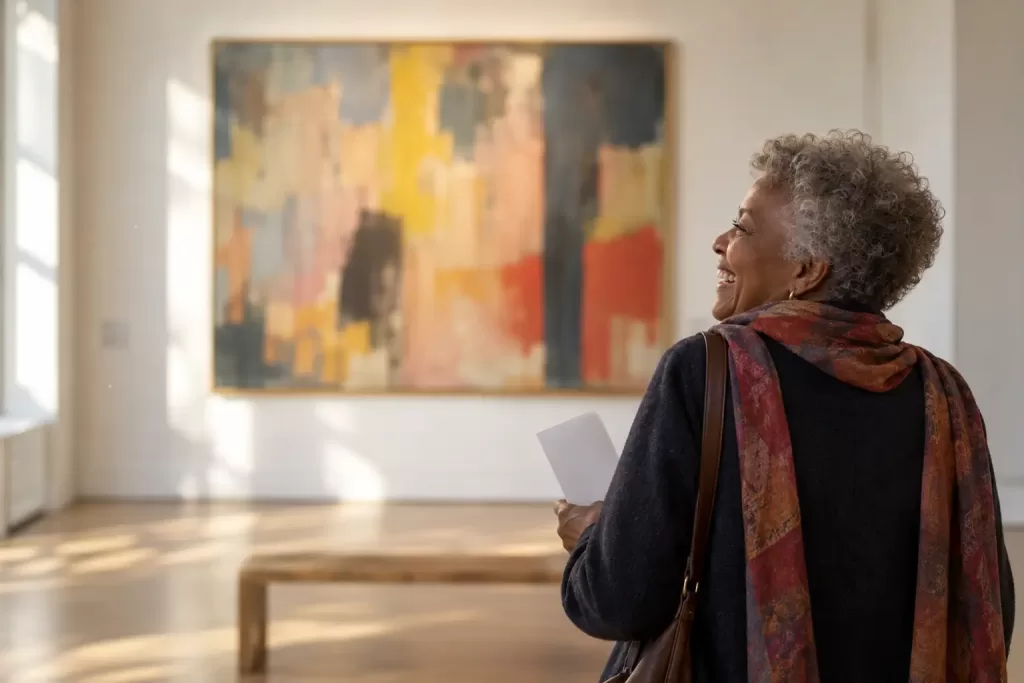 Original editorial photograph of a laughing gallery visitor holding a blank leaflet beside an indistinct modernist canvas, with no logos or text