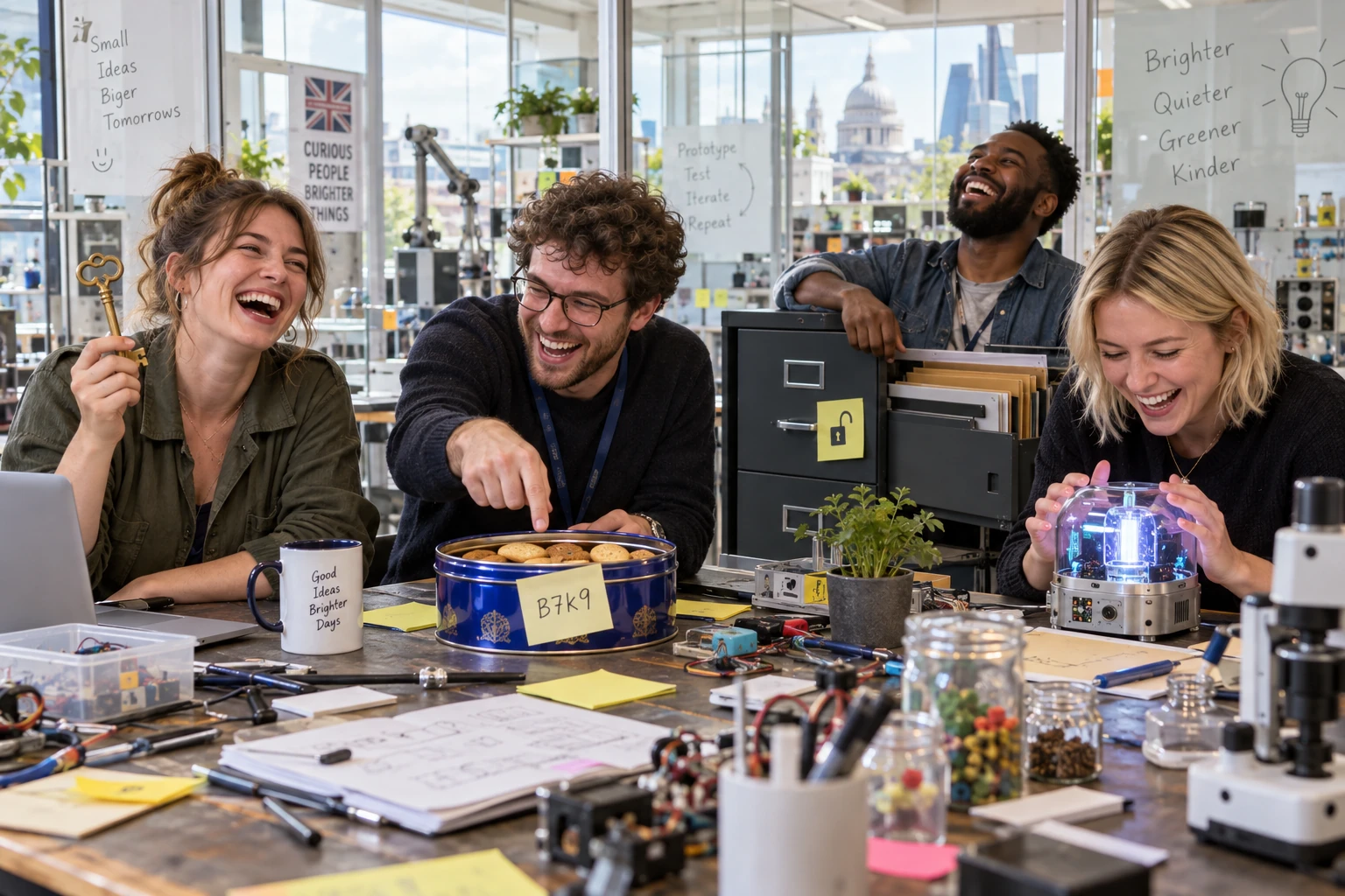 Four fictional start up workers laugh around a laboratory table with a brass key, an unlocked filing cabinet, a biscuit tin password note and a glowing prototype.