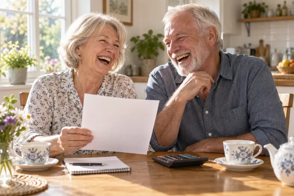 Two laughing retired adults with a blank paper for State Pension uprating April 2026