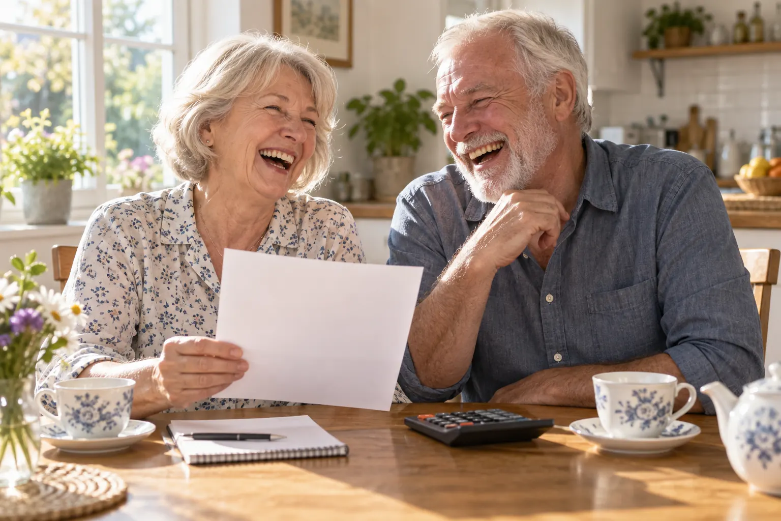 Two laughing retired adults with a blank paper for State Pension uprating April 2026