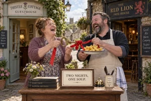 A laughing guesthouse owner and pub landlord tie a room key to a plate of chips with red ribbon beside a Two Nights, One Soup sign.