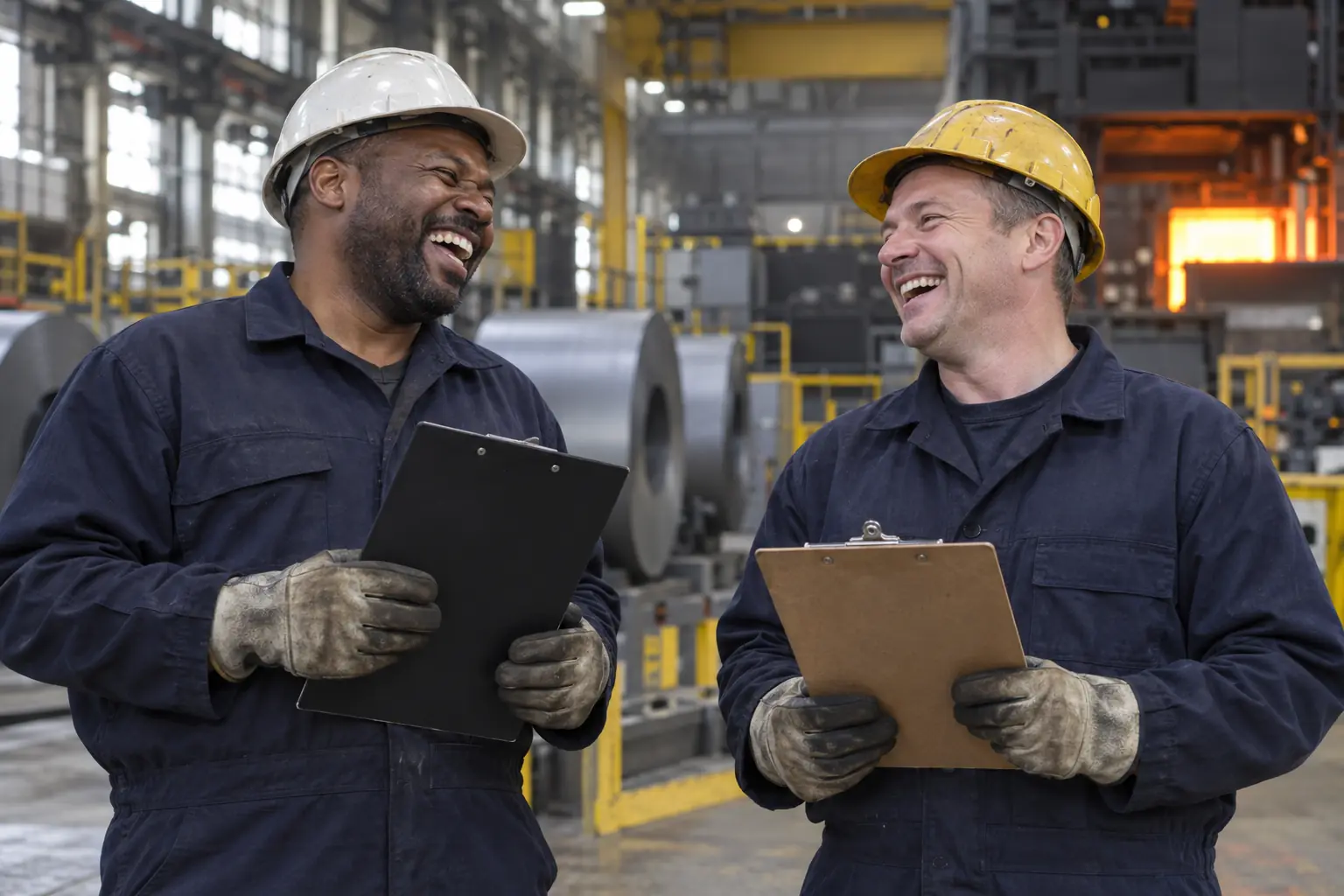 Two laughing steelworkers in a generic factory representing the UK steel strategy