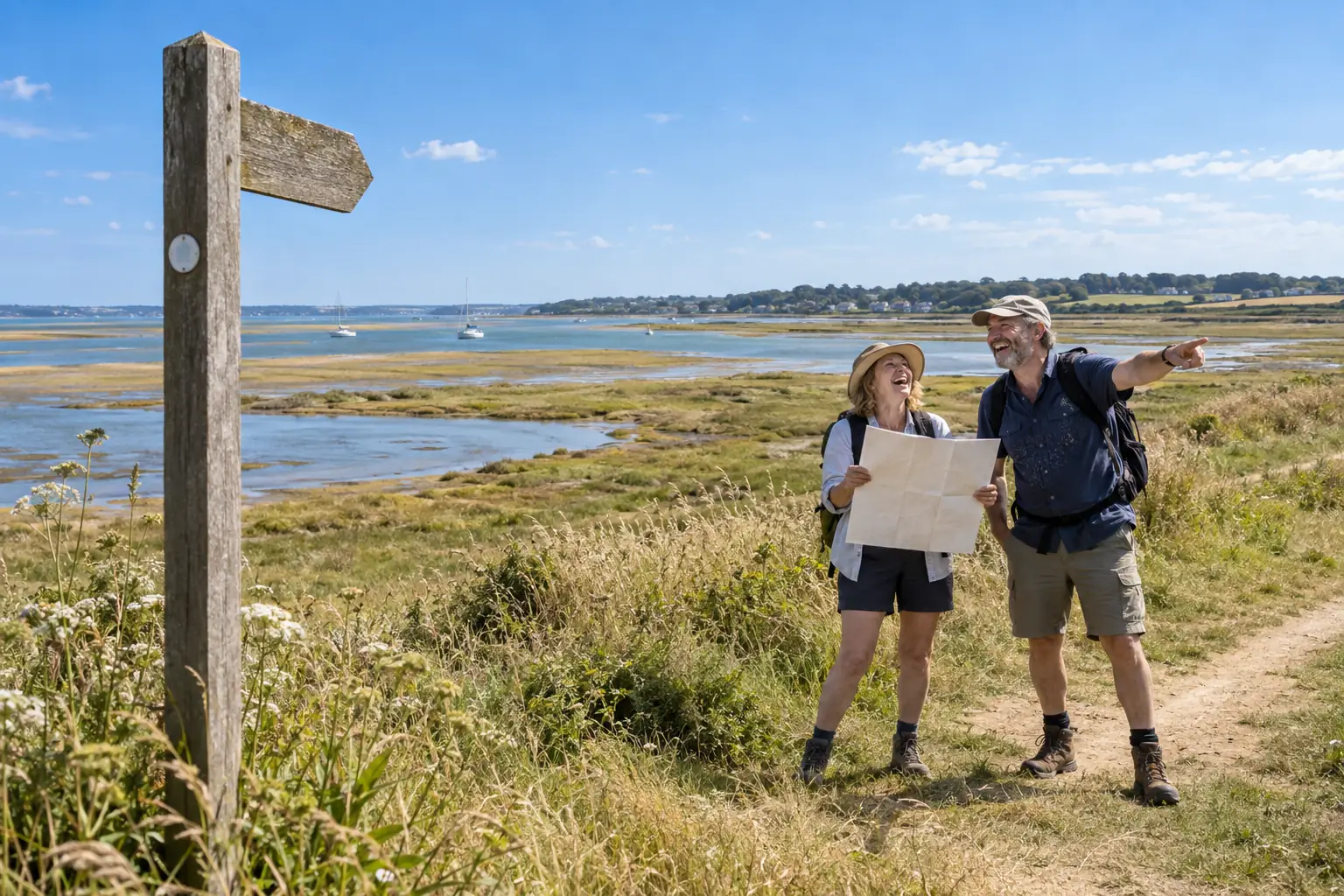 Original editorial photograph of two laughing walkers with a blank map beside an estuary waymarker for the Stour estuary coast path