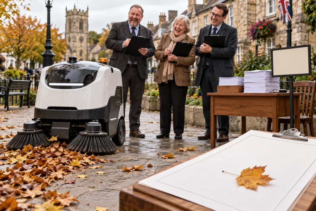 Three fictional laughing public officials watch a small street sweeping robot clear leaves beside a pavement licensing desk.