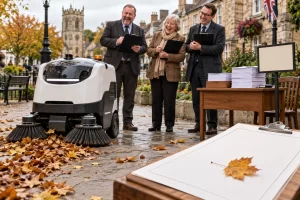 Three fictional laughing public officials watch a small street sweeping robot clear leaves beside a pavement licensing desk.