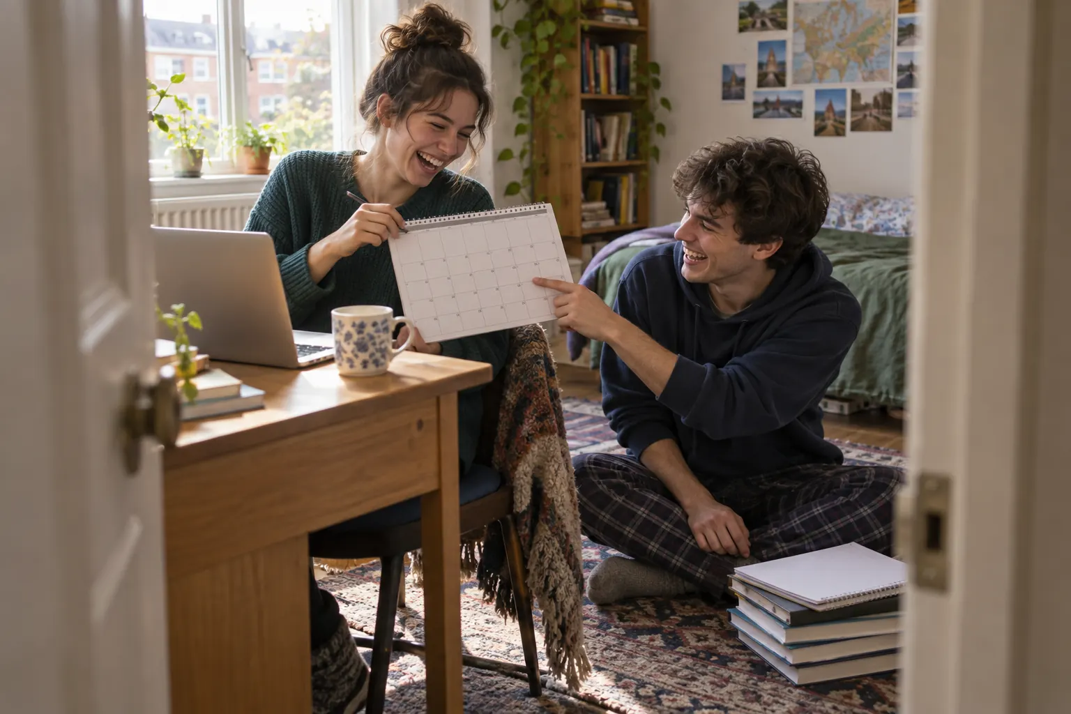 Two laughing students at fictional student finance application deadline 2026 study scene