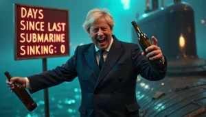 Satirical illustration for the article: PM Unveils New Submarine, Assures Nation It ‘Probably Won’t Sink Like the Last One’