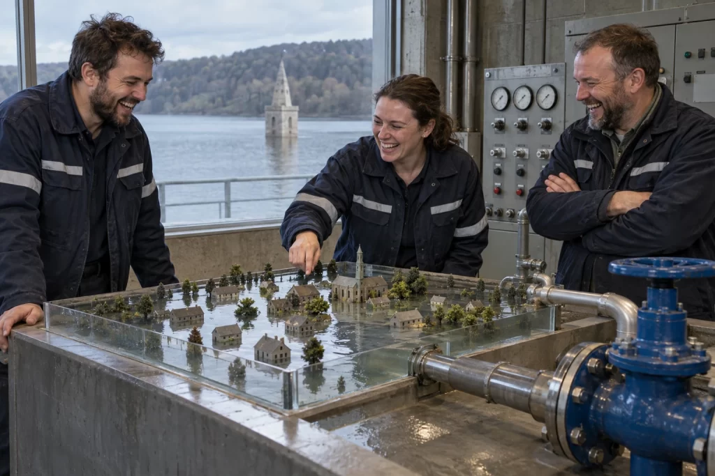 Three laughing water engineers stand beside a flooded miniature village model and a large unlabelled valve.