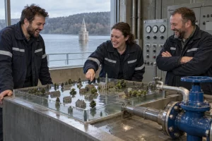 Three laughing water engineers stand beside a flooded miniature village model and a large unlabelled valve.
