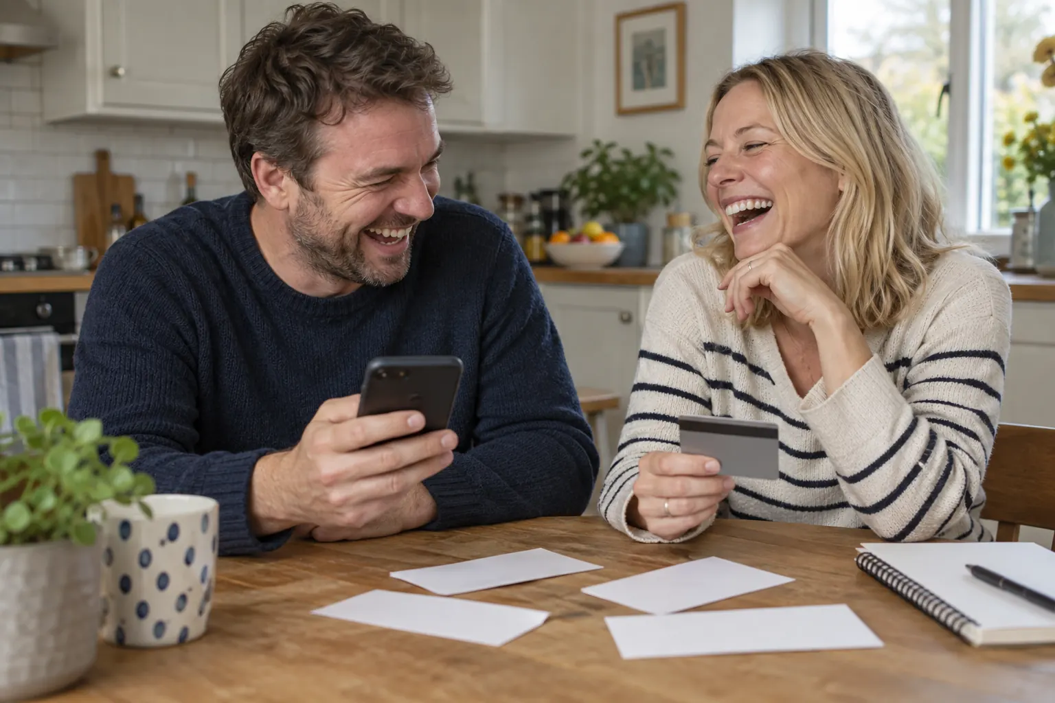 Two laughing consumers with a phone and blank cards for subscription traps consumer protection
