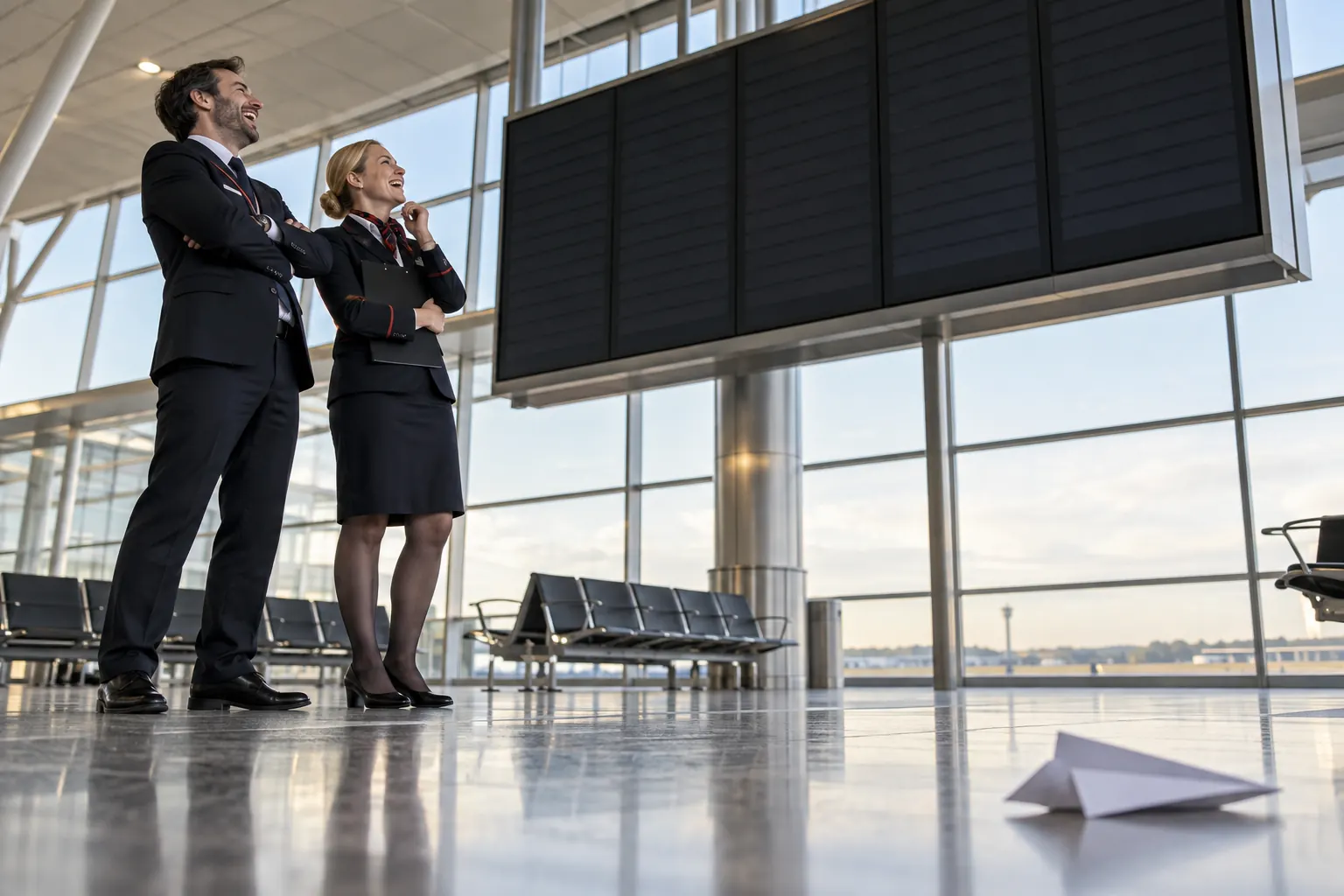 Two laughing operations staff for summer holiday flight disruption plans