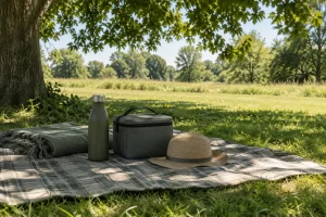 A shaded picnic blanket holds a water bottle insulated lunch bag and sun hat beneath a broad summer tree.