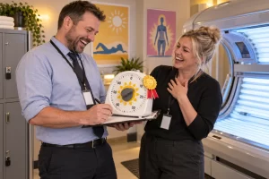 Two fictional adult tanning salon compliance workers clearly laugh while inspecting an oversized sunbed timer beside a tanning booth.