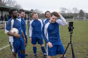 Laughing amateur football players preparing for a livestream beside a phone on a tripod