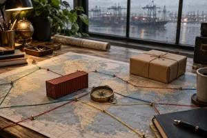 Container, parcel and compass for fictional Supply Chain Centre action plan editorial photograph