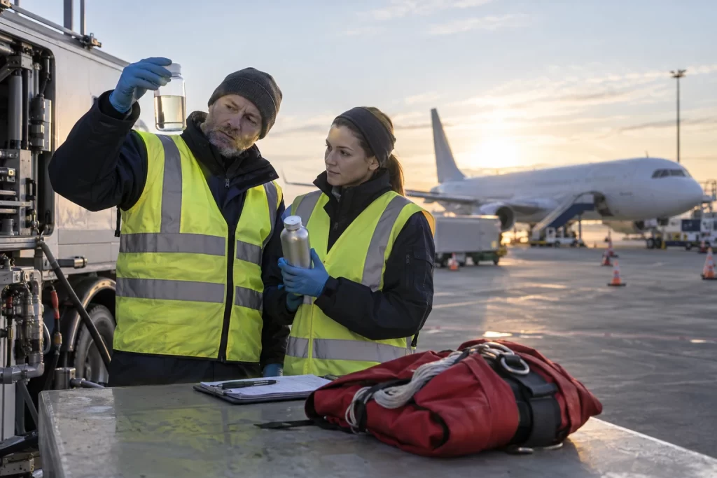 Aviation fuel engineers inspecting fuel samples beside an unmarked aircraft at sunrise