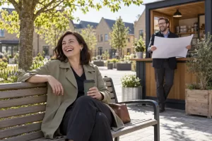 Two laughing planners at fictional sustainable local centres guidance 2026 neighbourhood square