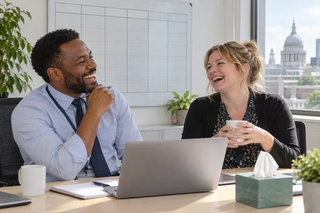 Two laughing health analysts beside a blank weekly chart for syndromic surveillance week 13