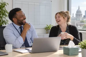 Two laughing health analysts beside a blank weekly chart for syndromic surveillance week 13
