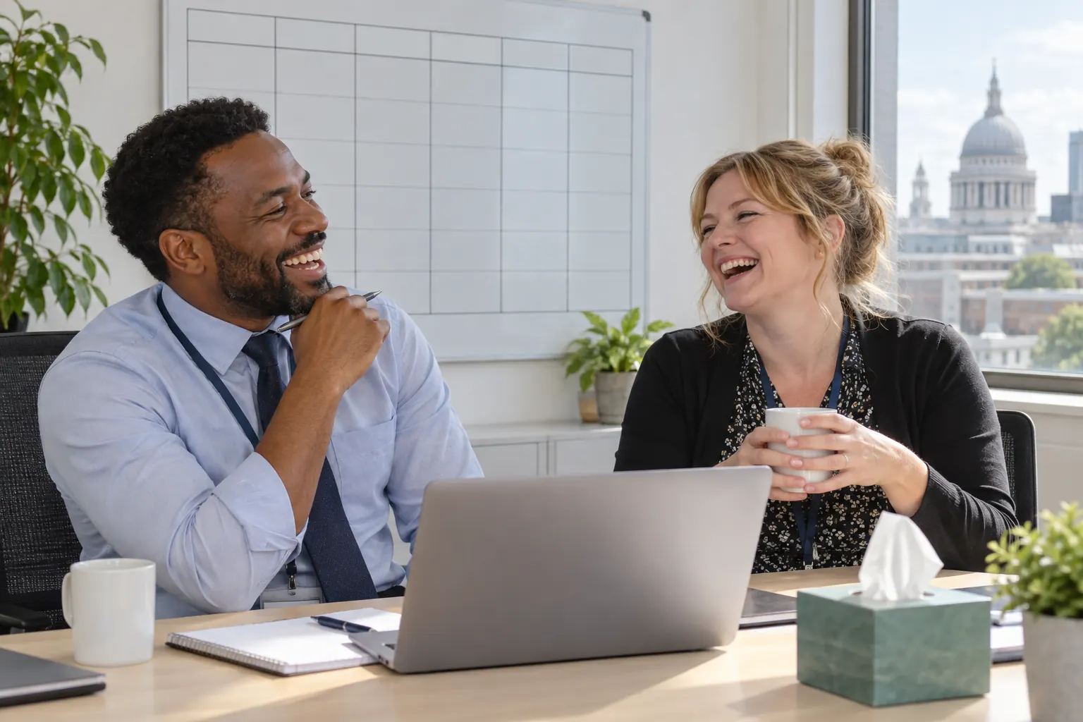 Two laughing health analysts beside a blank weekly chart for syndromic surveillance week 13