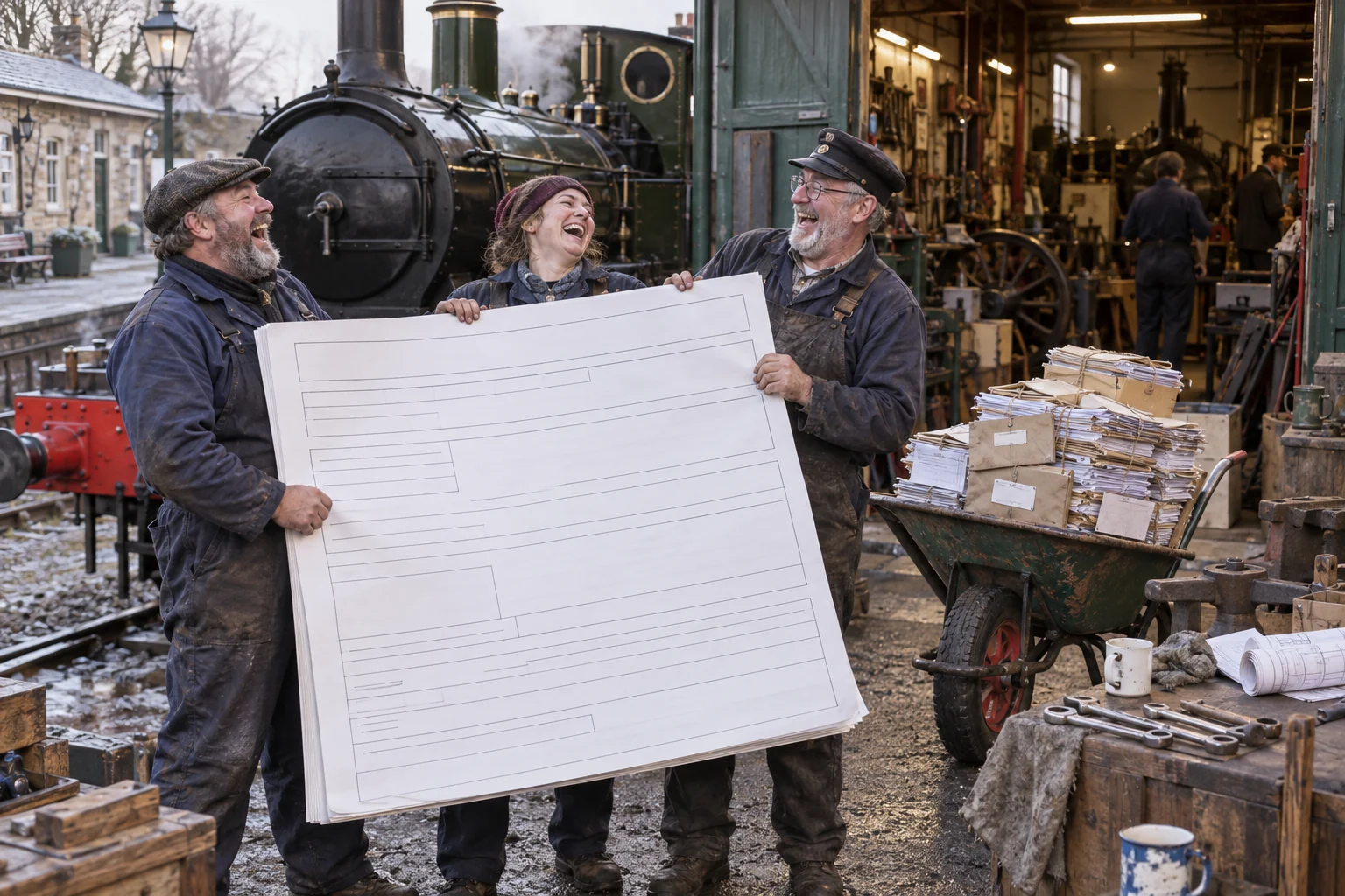 Three fictional adult railway volunteers laugh beside a heritage steam locomotive while an oversized grant application blocks a workshop entrance.