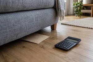 A blank kraft envelope is partly hidden beneath a grey sofa beside an unlit calculator.