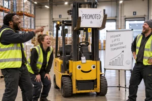 Three fictional adult warehouse workers clearly laugh as a forklift poses beside a promotion certificate in a distribution warehouse.