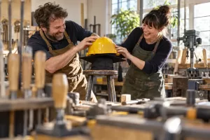 Original editorial photograph of two laughing technical-college tutors balancing a hard hat on a graduation cap for technical education pathways