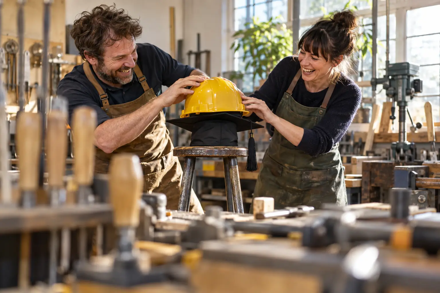 Original editorial photograph of two laughing technical-college tutors balancing a hard hat on a graduation cap for technical education pathways