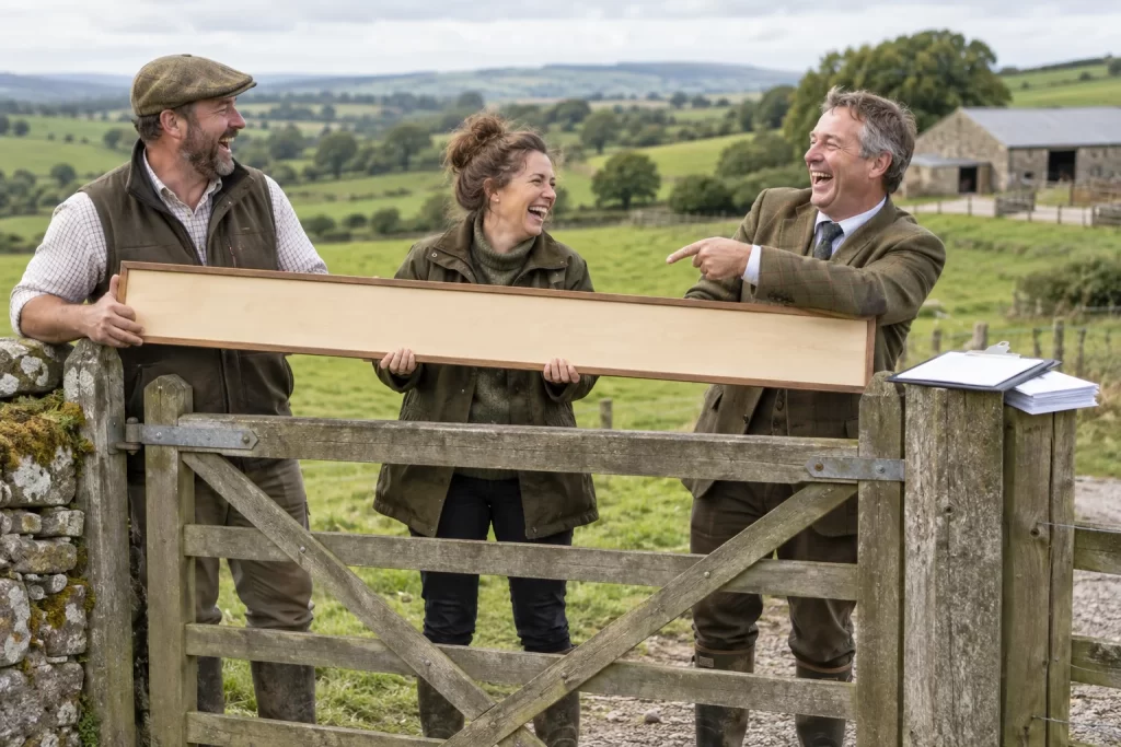 Three fictional adult rural professionals laugh beside a wooden field gate while holding an unusually long blank official nameplate.