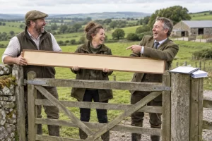 Three fictional adult rural professionals laugh beside a wooden field gate while holding an unusually long blank official nameplate.