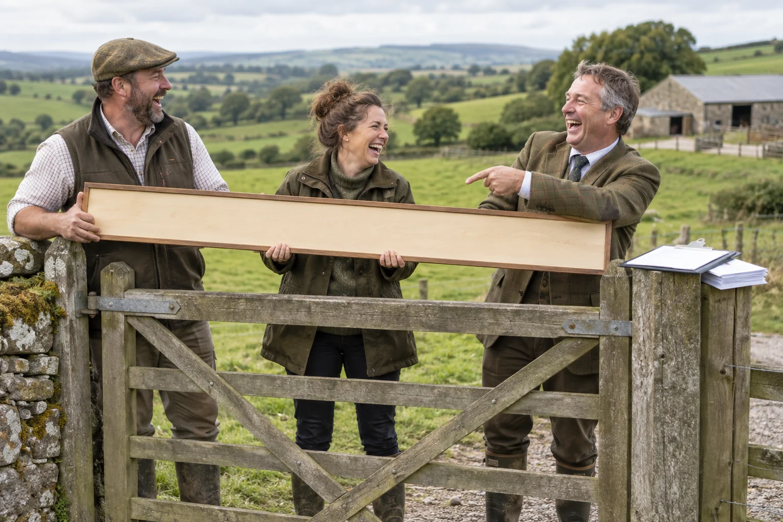 Three fictional adult rural professionals laugh beside a wooden field gate while holding an unusually long blank official nameplate.